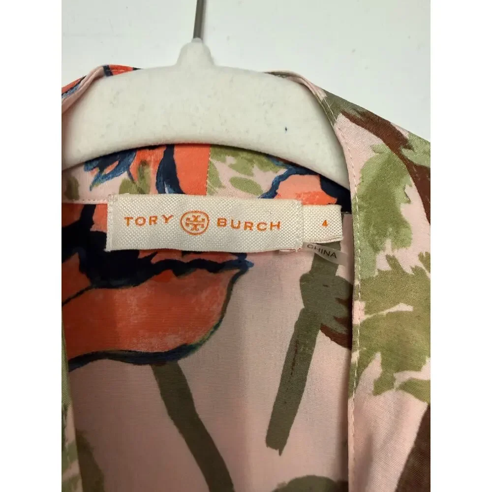 Tory Burch 4 Pink Poppy Floral 100% Silk Sleeveless Tie Neck Bow Blouse Top ITEM